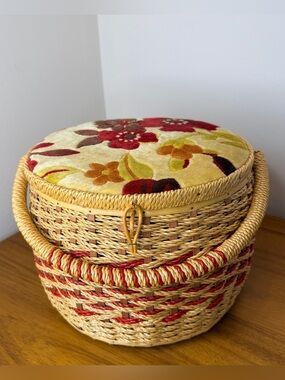 Vintage 1970s Woven Sewing Basket Box Made in Japan Velvet Floral Lid Retro